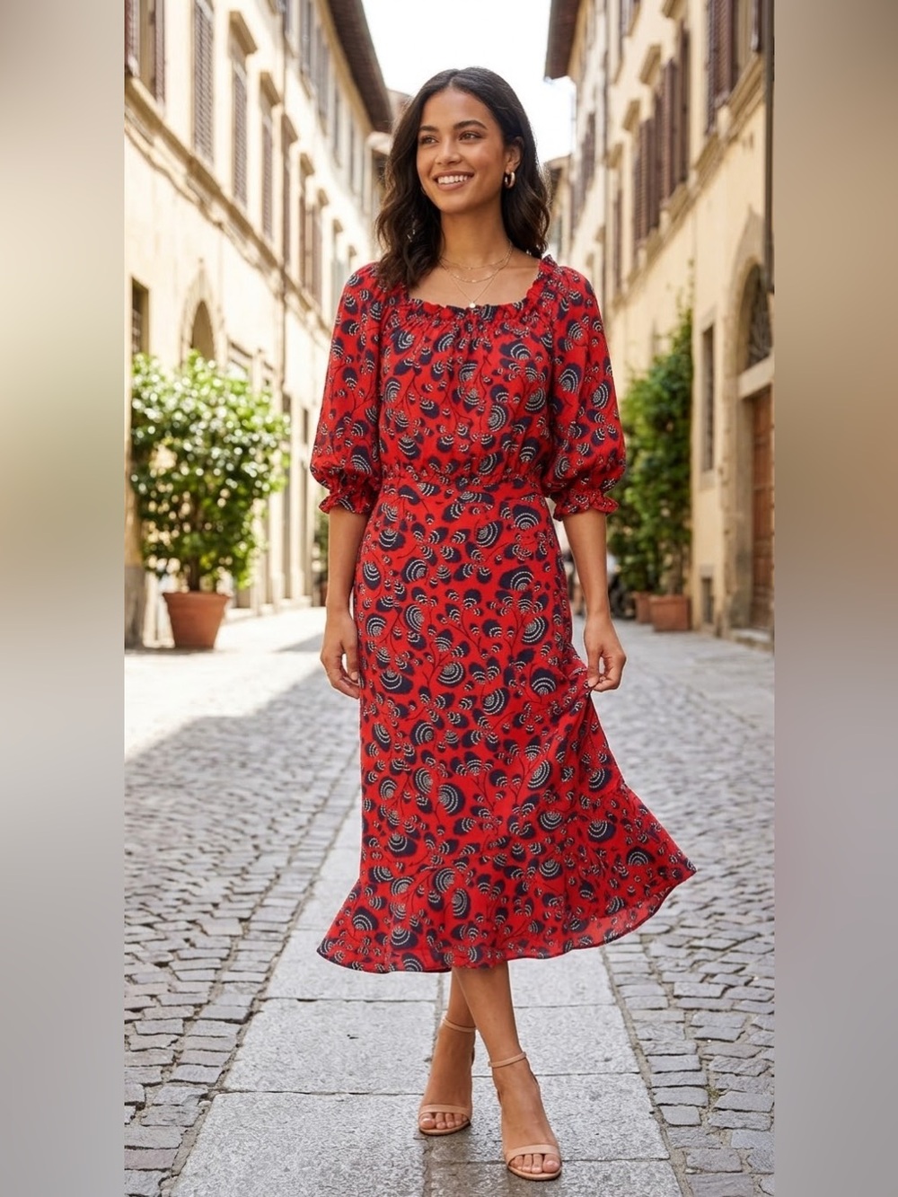 SALONI 100% Silk Red Floral Midi Dress Square Neck Puff Sleeve Ruffle US 2 UK 6